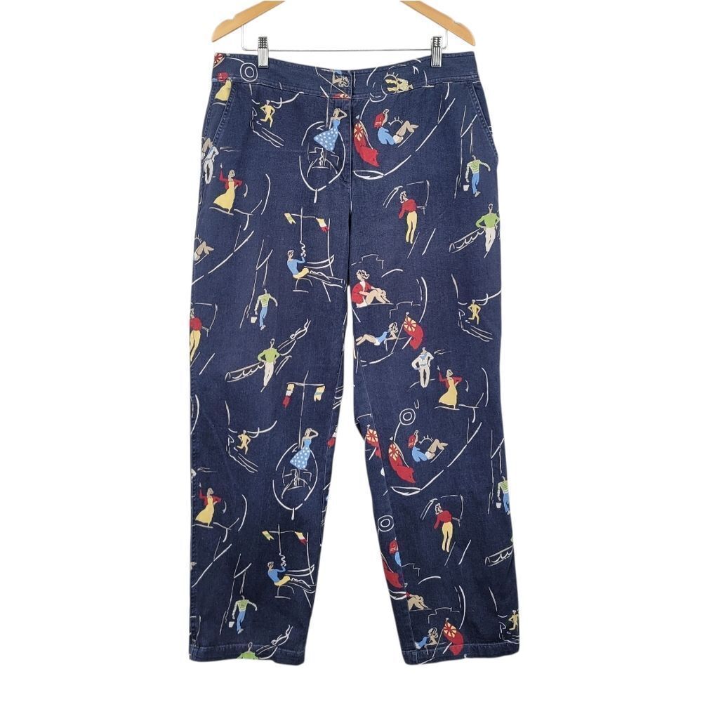 Kate Hill Navy Patterned Pants Women's Artsy Art To Wear Novelty